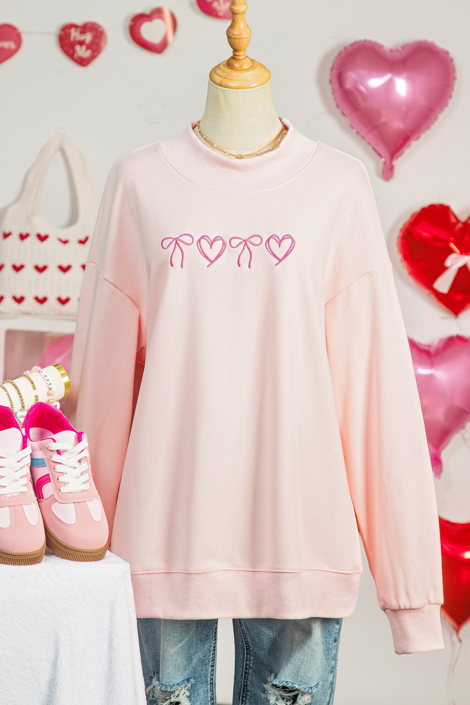 Soft Pink Embroidered Mock Neck Sweatshirt