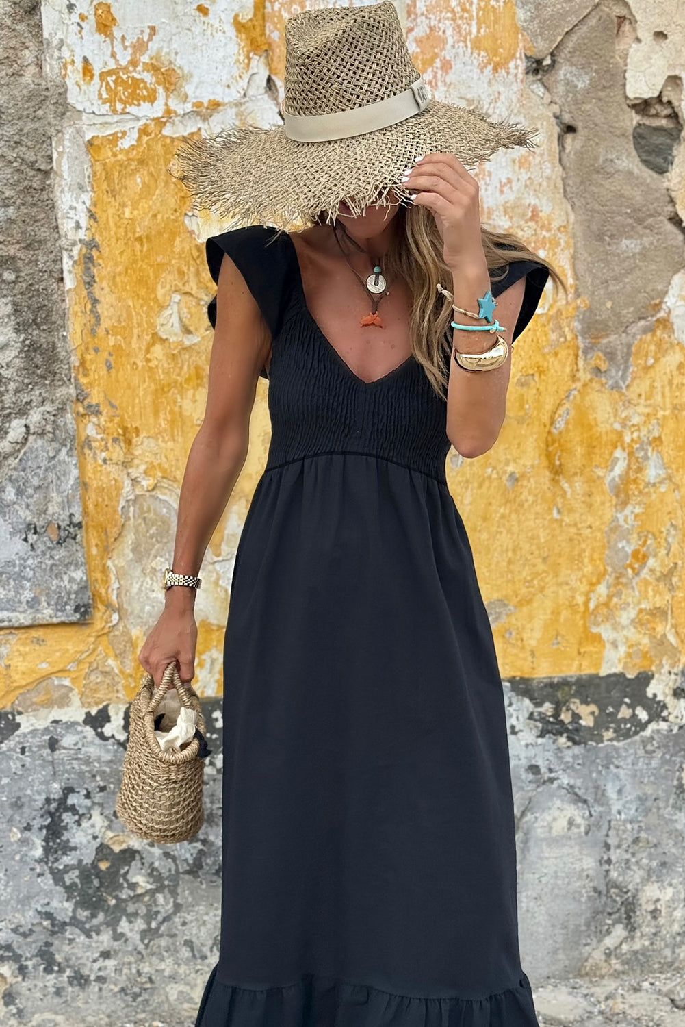 Black Flutter Sleeve Maxi Dress