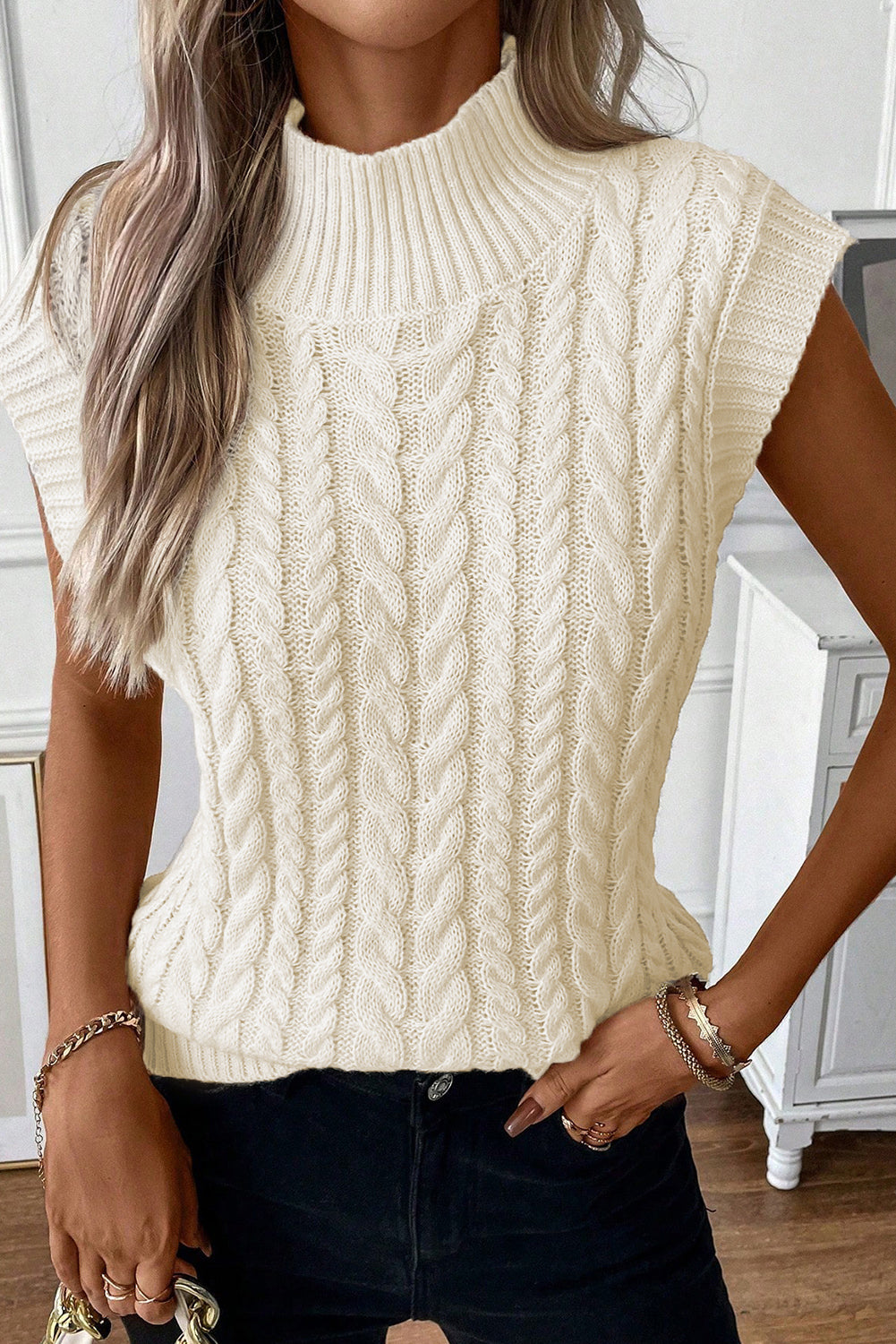 Oatmeal Cable Knit Turtleneck Sweater Vest