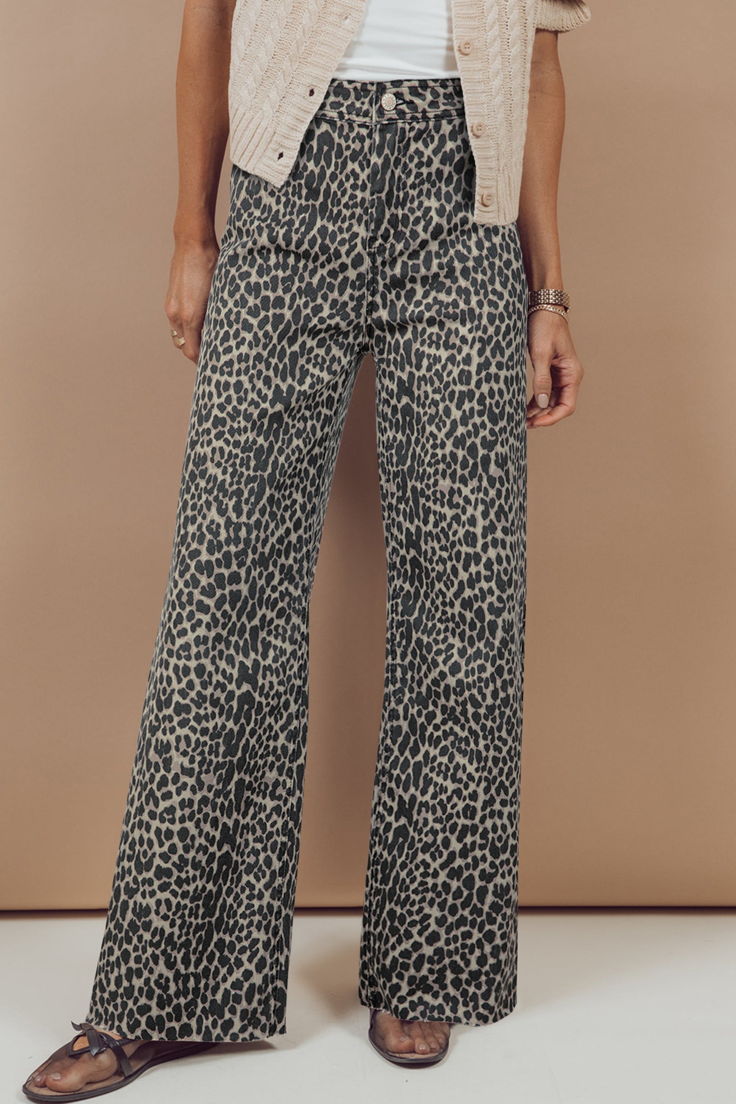 Black Leopard Print Wide Leg High Waist Jeans