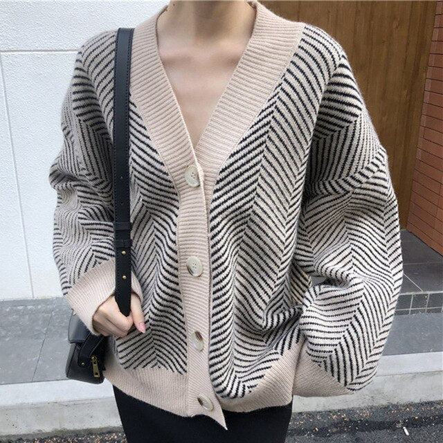 Black And Cream Striped Cardigan