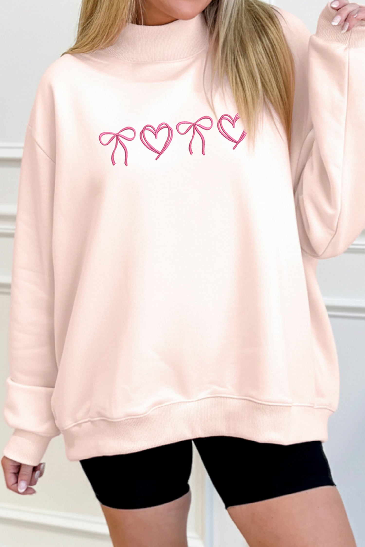Soft Pink Embroidered Mock Neck Sweatshirt