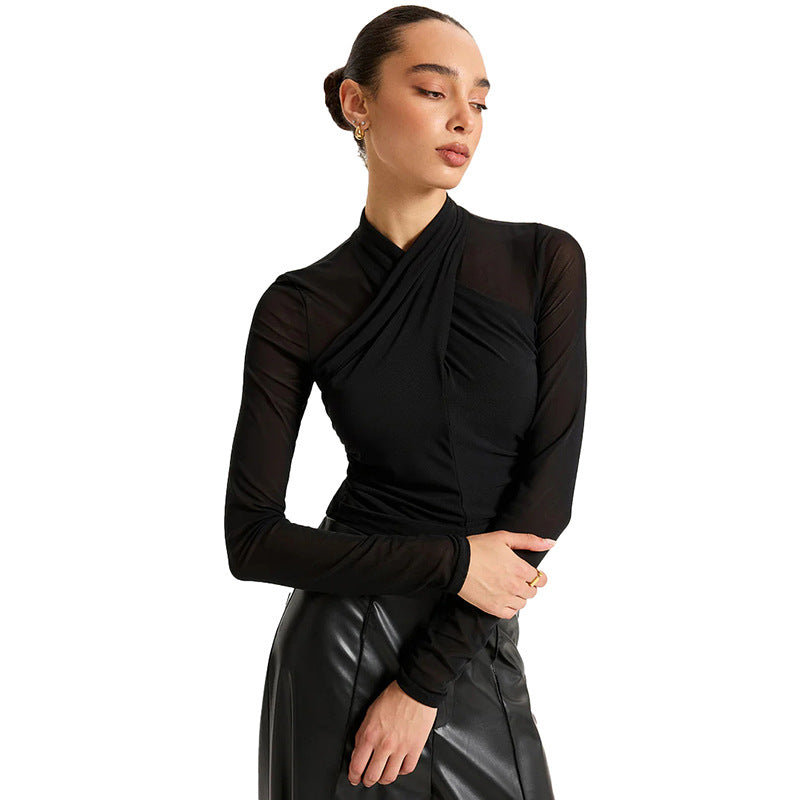 Crossed Neck Mesh Sleeve Top