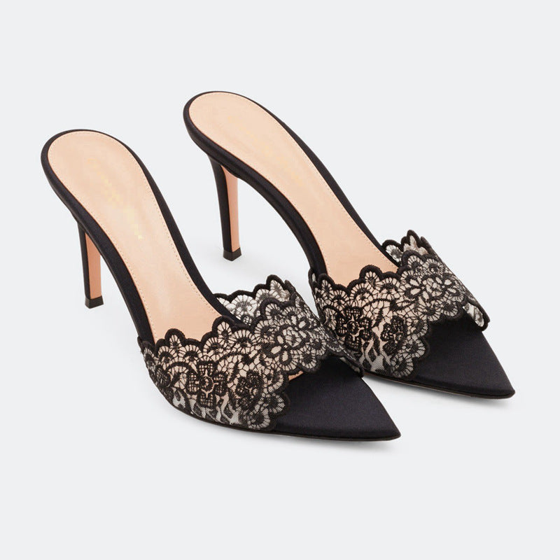 Pointed Open Toe Lace Heel