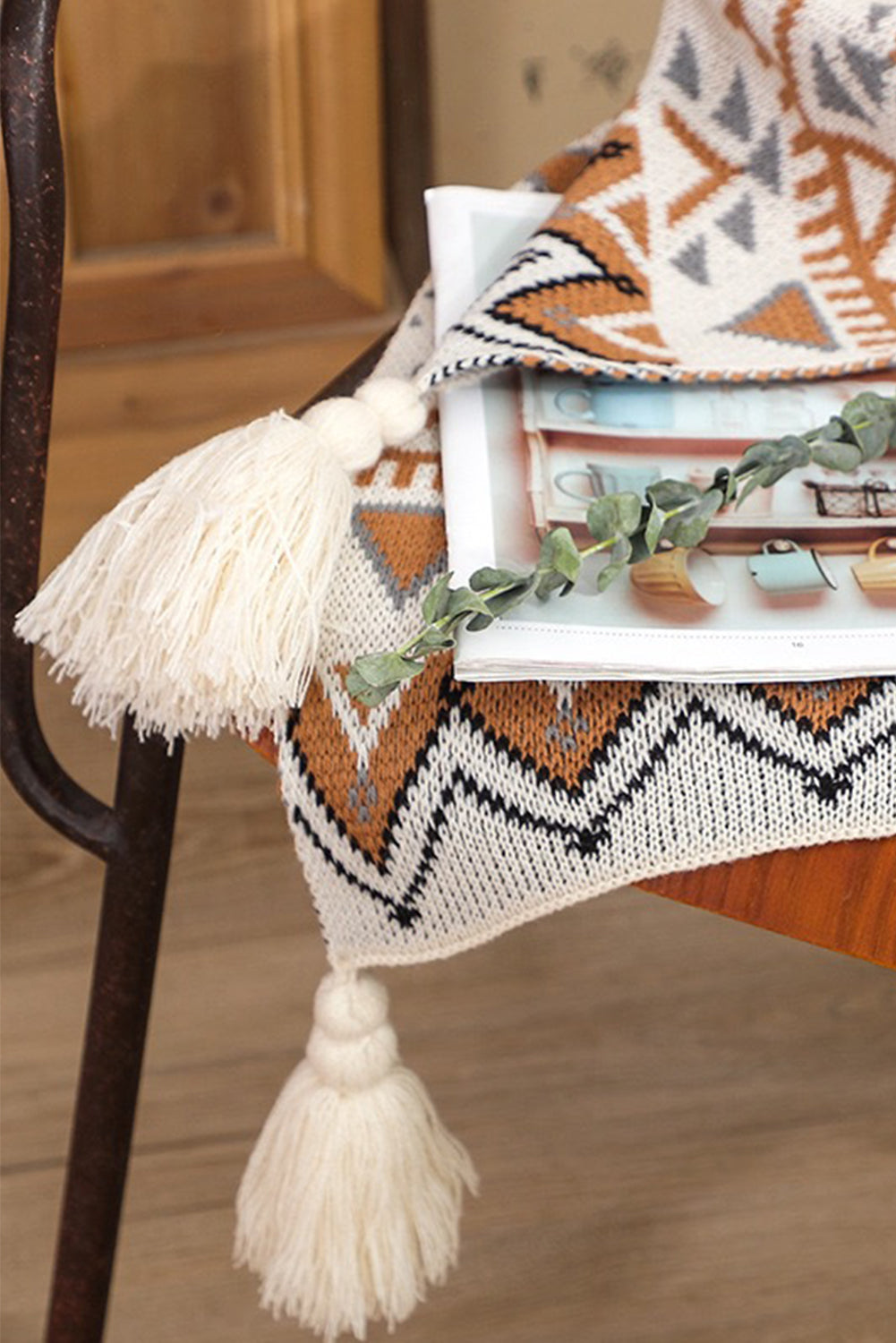 Parchment Geometric Pattern Knit Bohemian Tassel Blanket