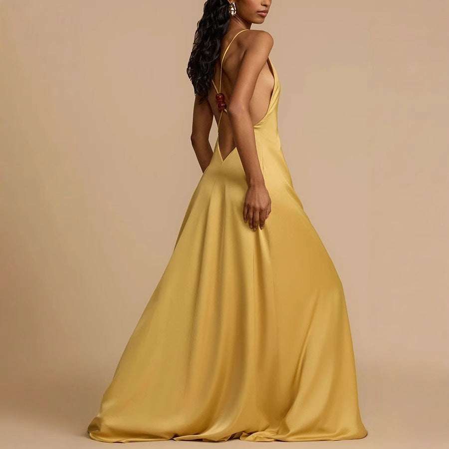 Yellow Open Back Silky Dress