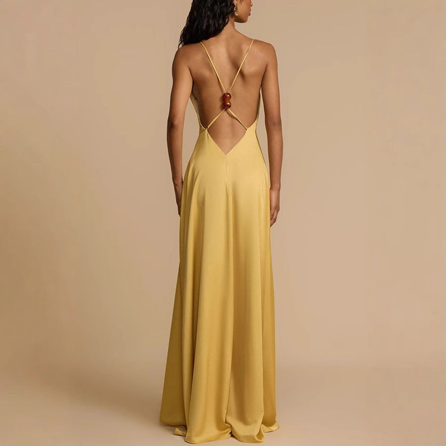 Yellow Open Back Silky Dress