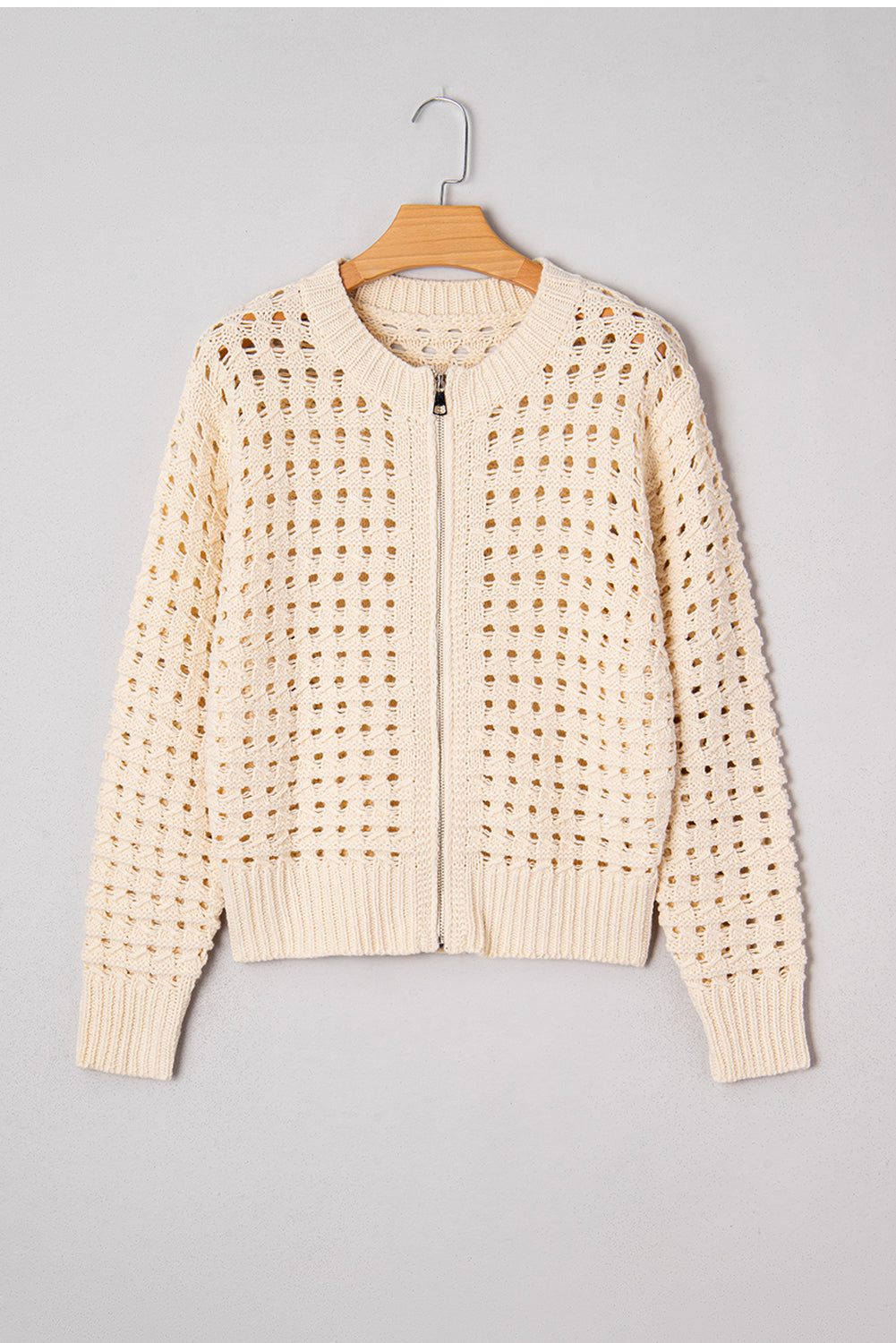 Beige Knitted Zip-Up Sweater