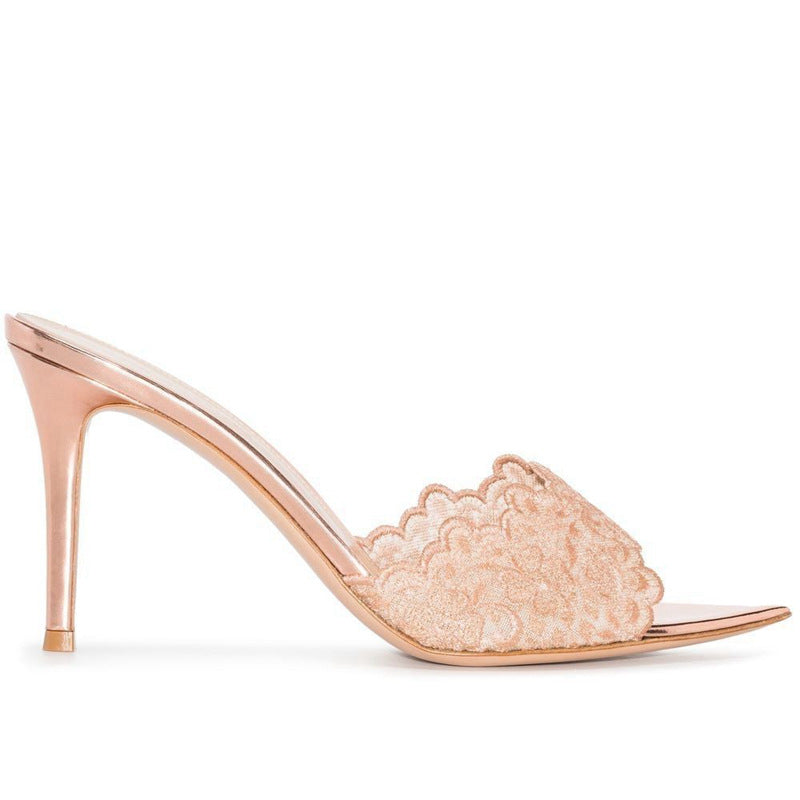 Pointed Open Toe Lace Heel