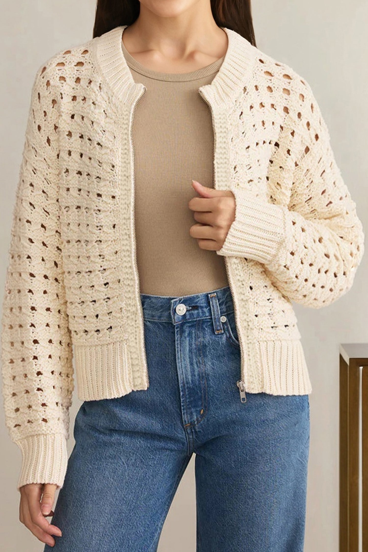 Beige Knitted Zip-Up Sweater
