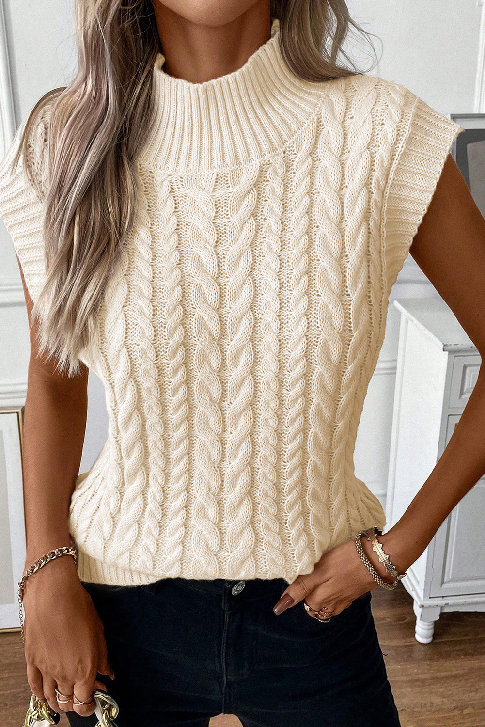 Oatmeal Cable Knit Turtleneck Sweater Vest