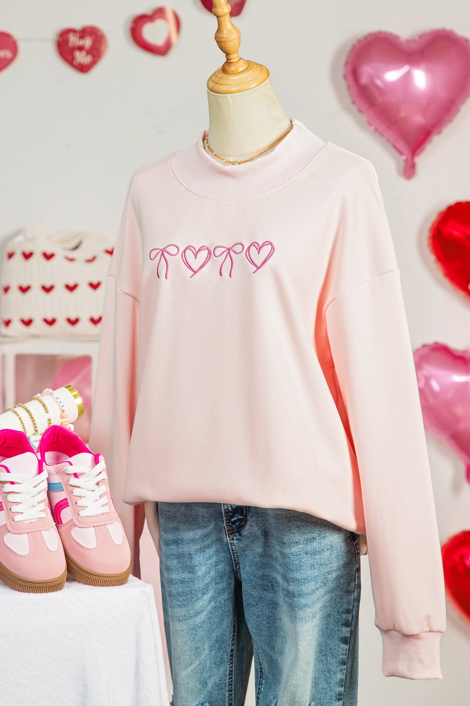 Soft Pink Embroidered Mock Neck Sweatshirt