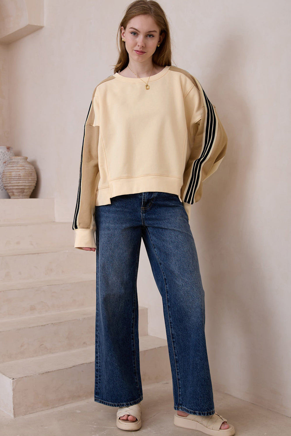 Beige Striped Crew Neck Sweatshirt