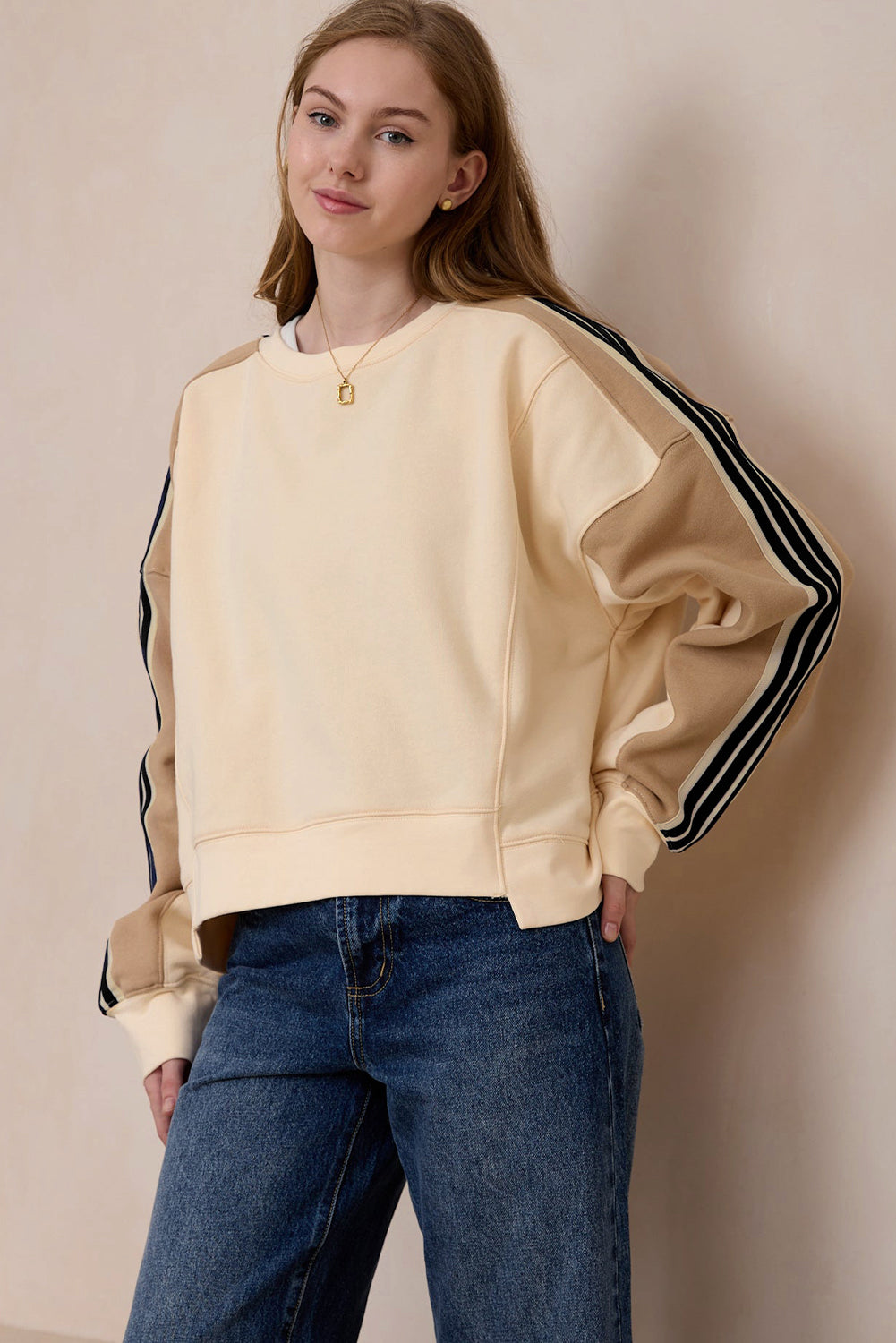 Beige Striped Crew Neck Sweatshirt