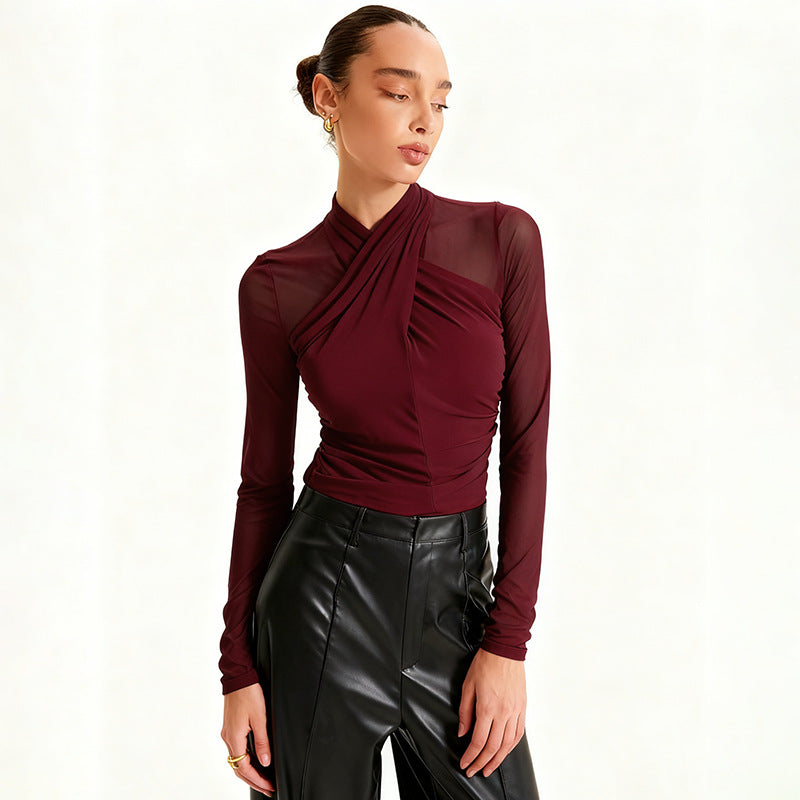 Crossed Neck Mesh Sleeve Top