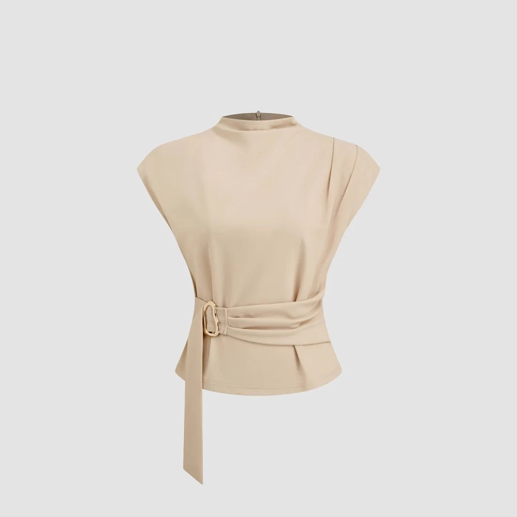 Beige Belted High Neck Top