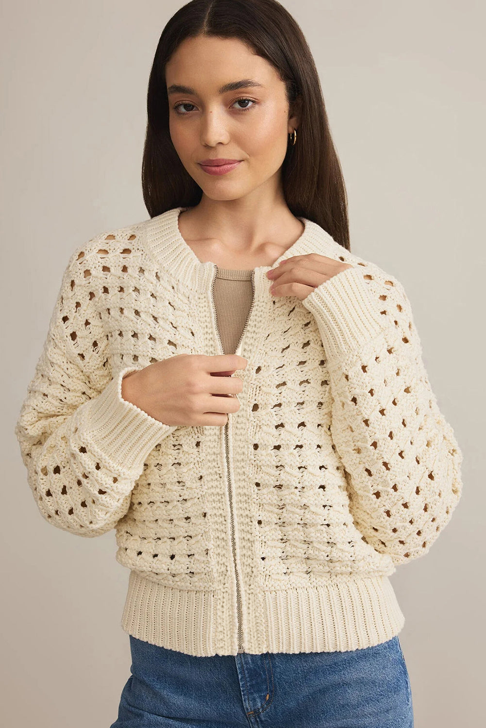 Beige Knitted Zip-Up Sweater