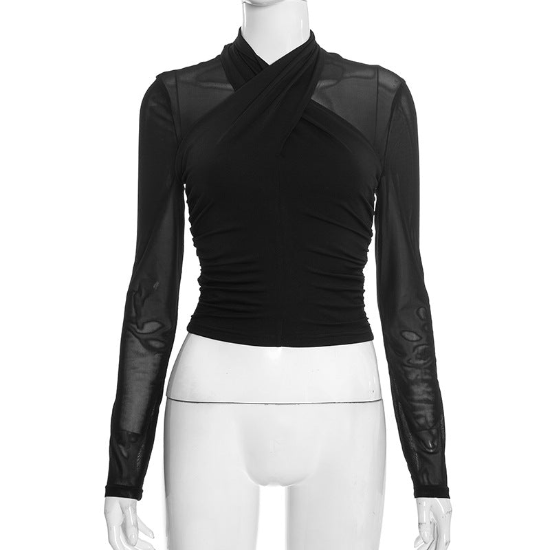 Crossed Neck Mesh Sleeve Top