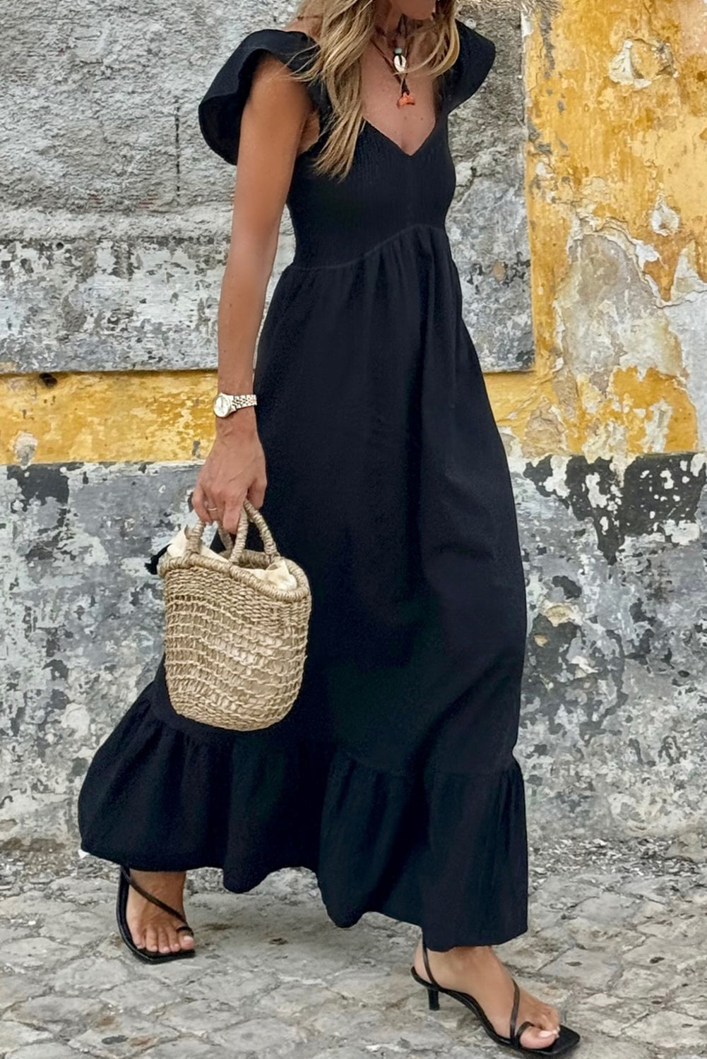 Black Flutter Sleeve Maxi Dress