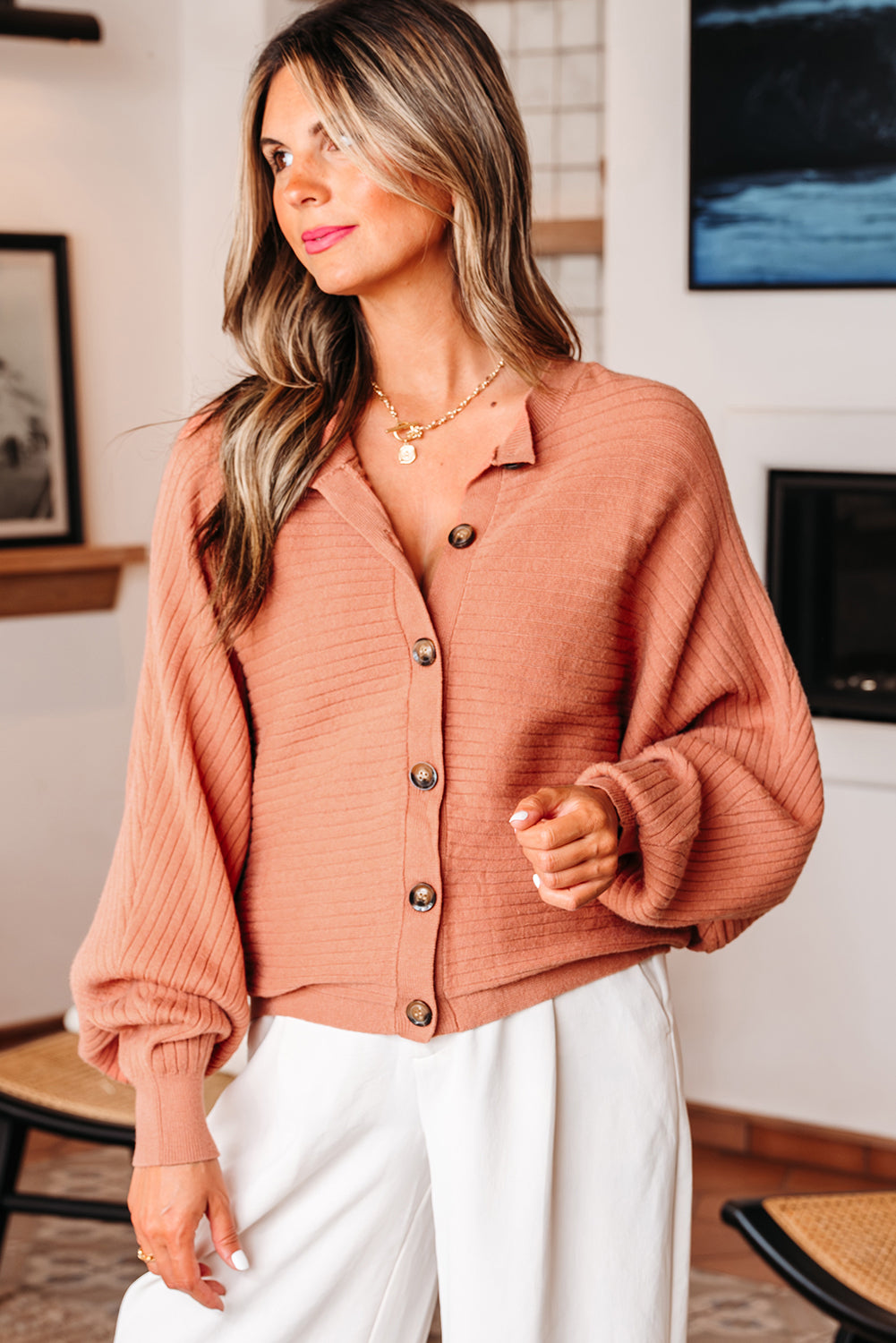 Apricot Knitted Button Up Cardigan