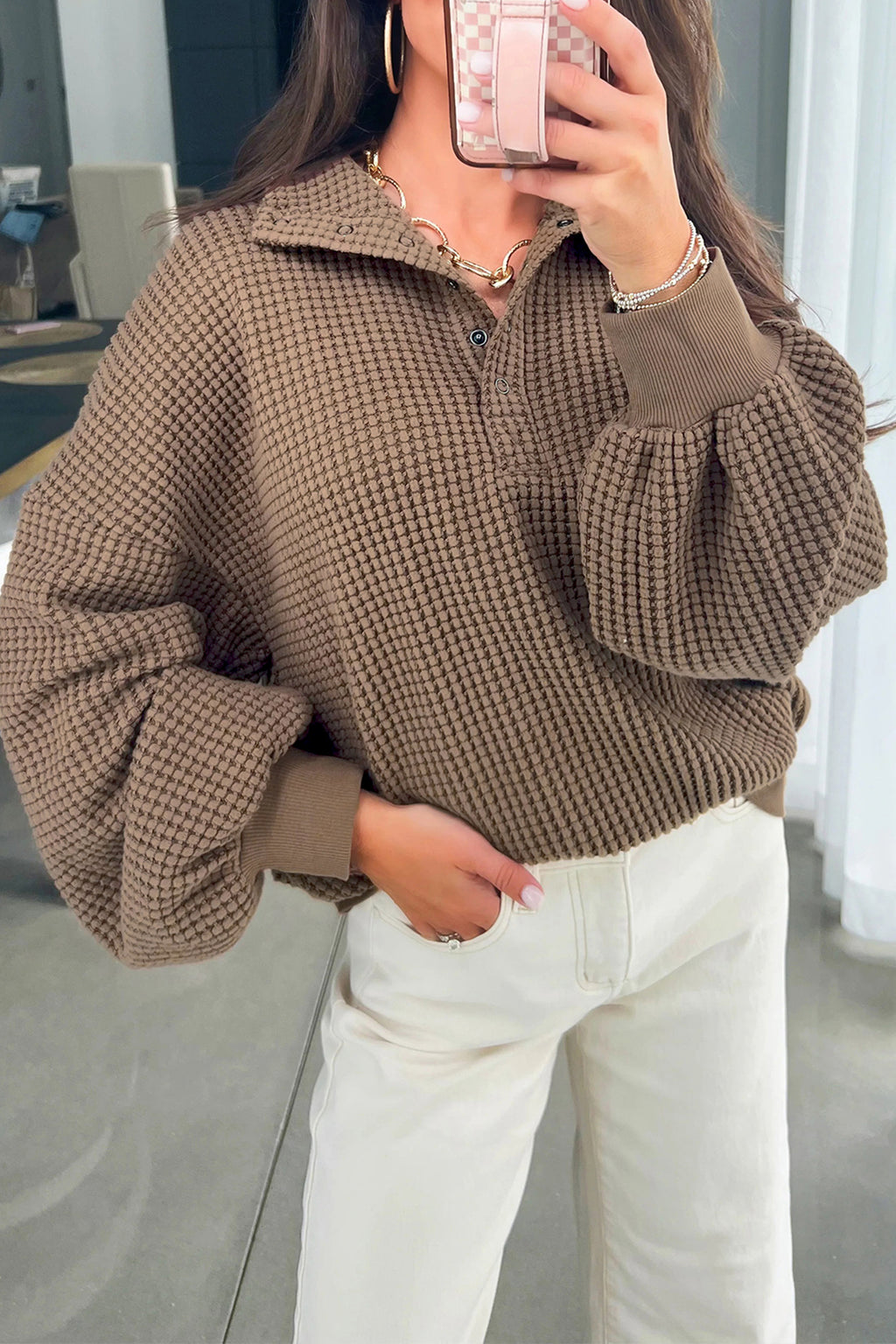 Textured Button Up Baggy Sweater