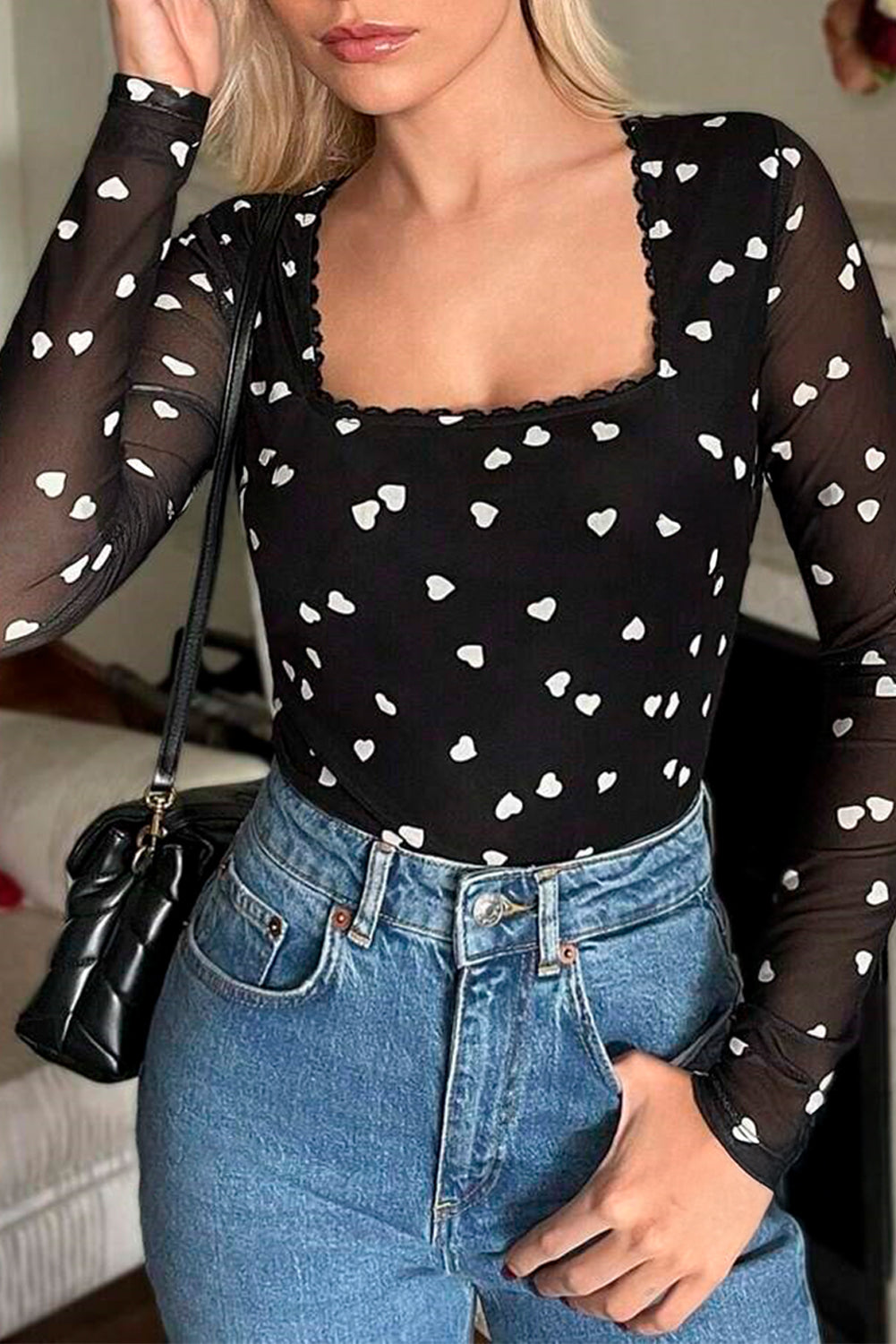 Valentines Black Heart Mesh Bodysuit