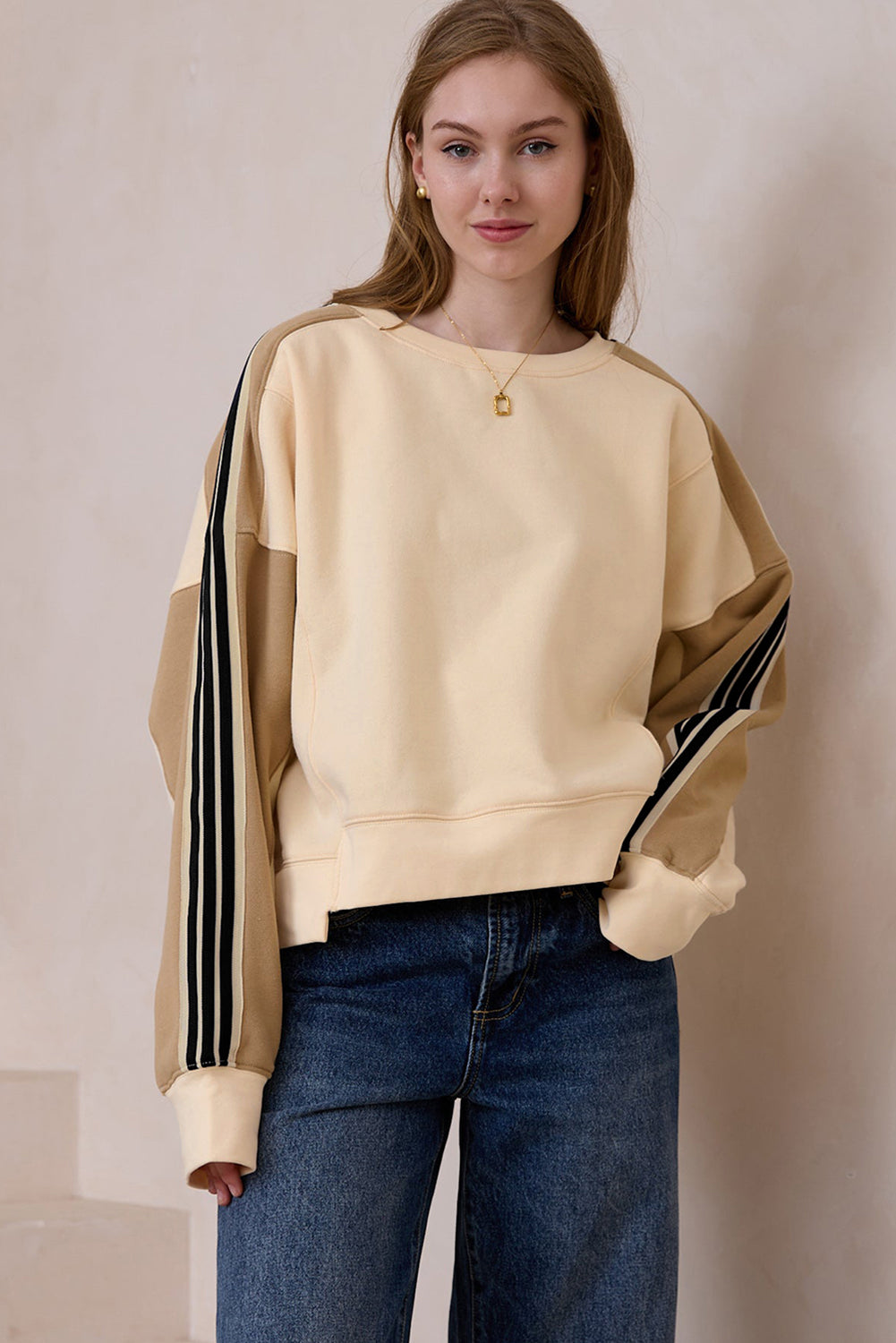Beige Striped Crew Neck Sweatshirt