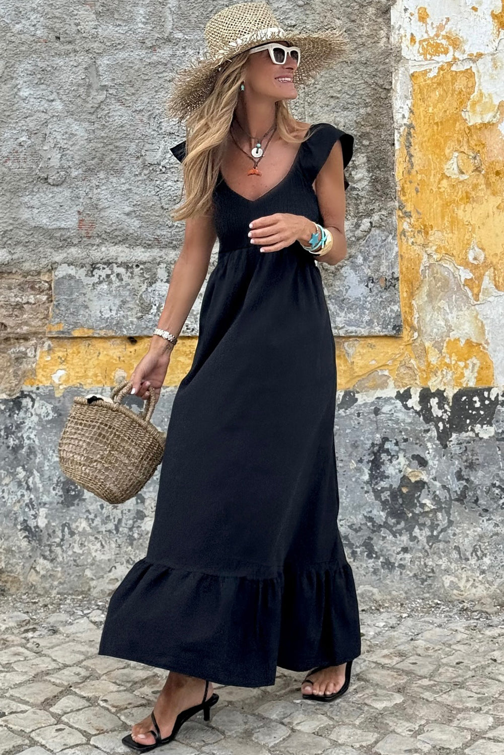 Black Flutter Sleeve Maxi Dress