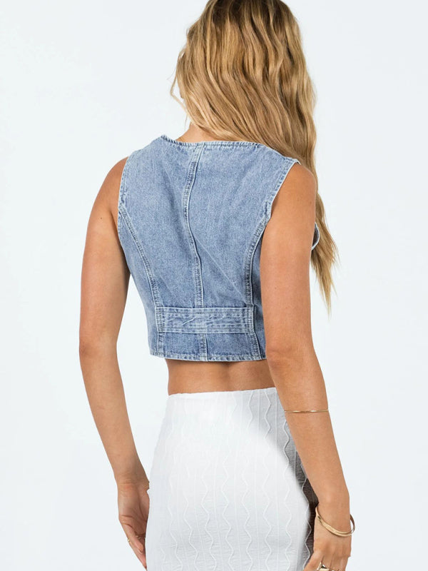 Light Wash Button Front Denim Vest