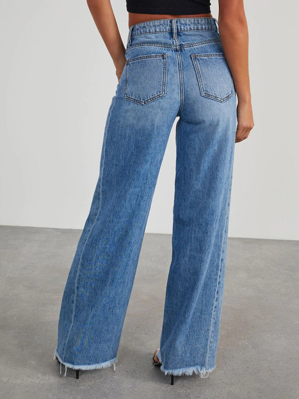 Wide Leg Frayed Hem Jeans