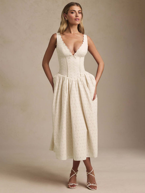 Cream Embroidered V-Neck Dress