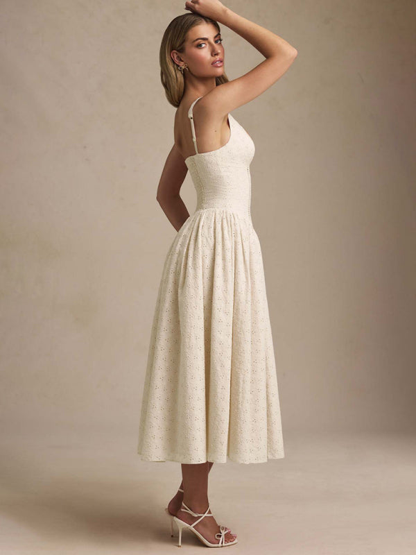 Cream Embroidered V-Neck Dress