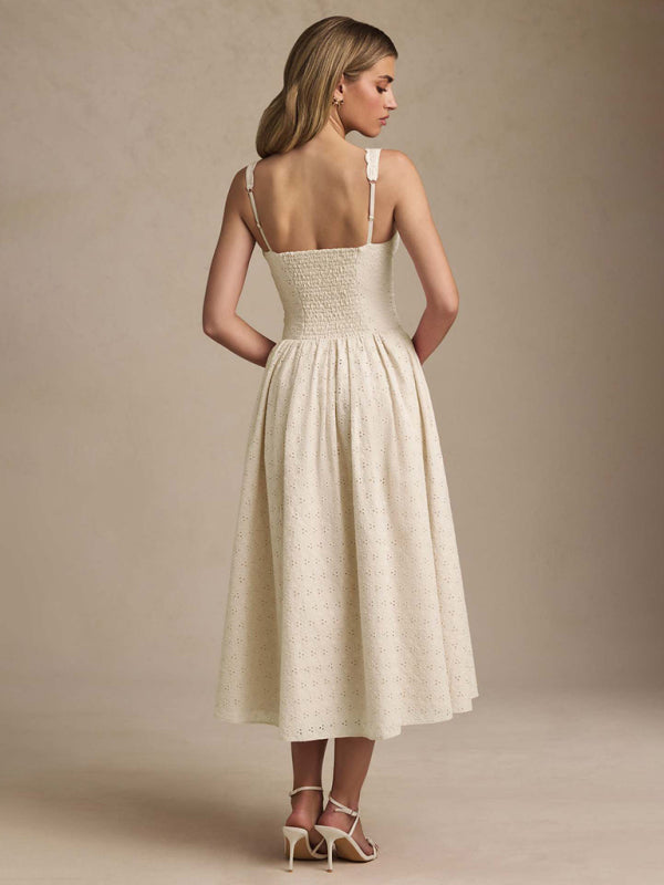 Cream Embroidered V-Neck Dress